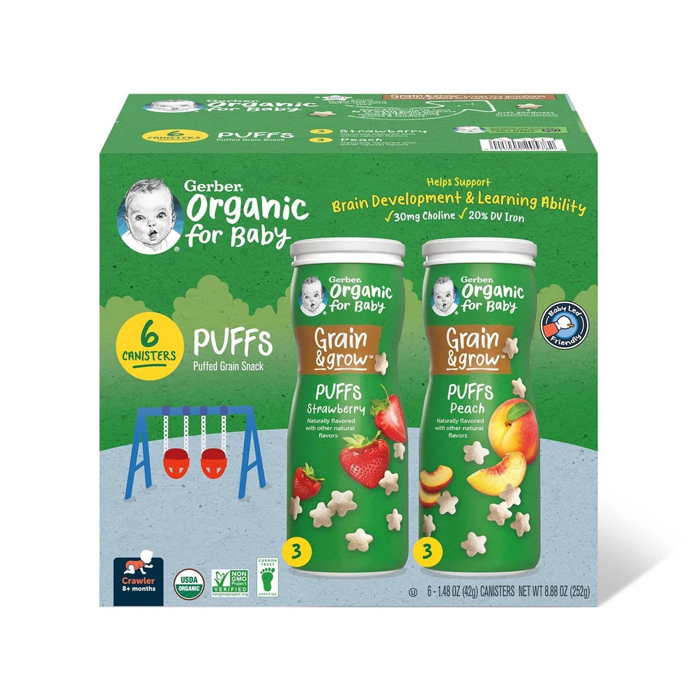 Gerber Organic Grain & Grow Cereal Puffs Variety Pack, Peach and Strawberry, 1.48 oz., 6 pk. - USA MEGA SHOP