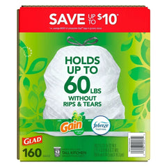 Glad ForceFlex 13-Gallon Kitchen Trash Bags, Gain Original Scent + Febreze, 160 ct.