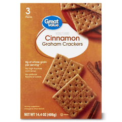 Cinnamon graham crackers box with square crackers pictured, 3 packs