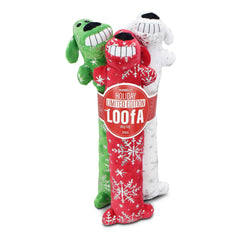 Multipet Plush Holiday Loofa Dog Toy with Sparkly Snowflakes, Stuffing & Squeaker, 3 pack with Red, Green & White, 12" Each - USA MEGA SHOP
