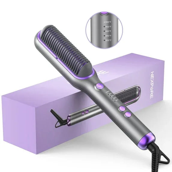NEXPURE Hair Straightener Brush, Ionic Straightening Brush with 5 Temps, Anti-Scald Ceramic Hot Comb, Dual Voltage, Purple - USA MEGA SHOP