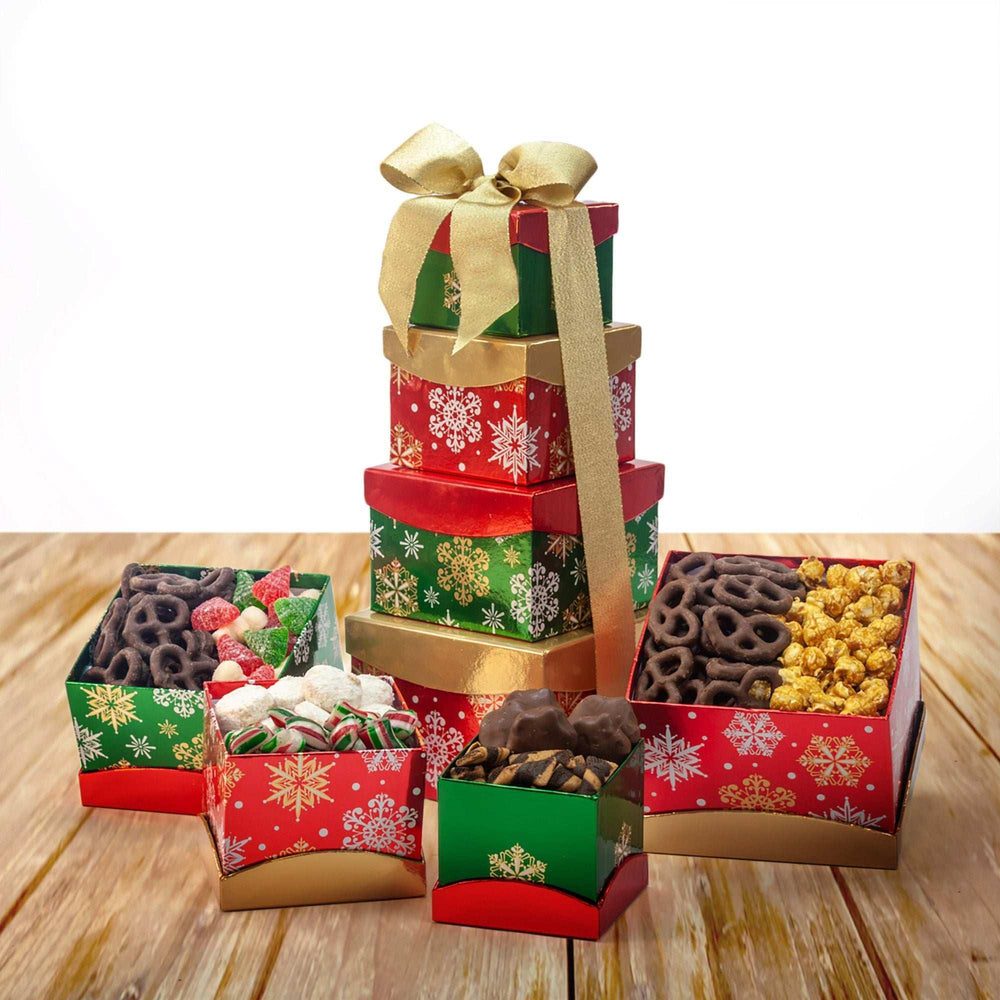 Happy Holidays Snowflake Tower of Sweets 4-Tier Tower, 1.92 lbs Total, Pre-Order - USA MEGA SHOP