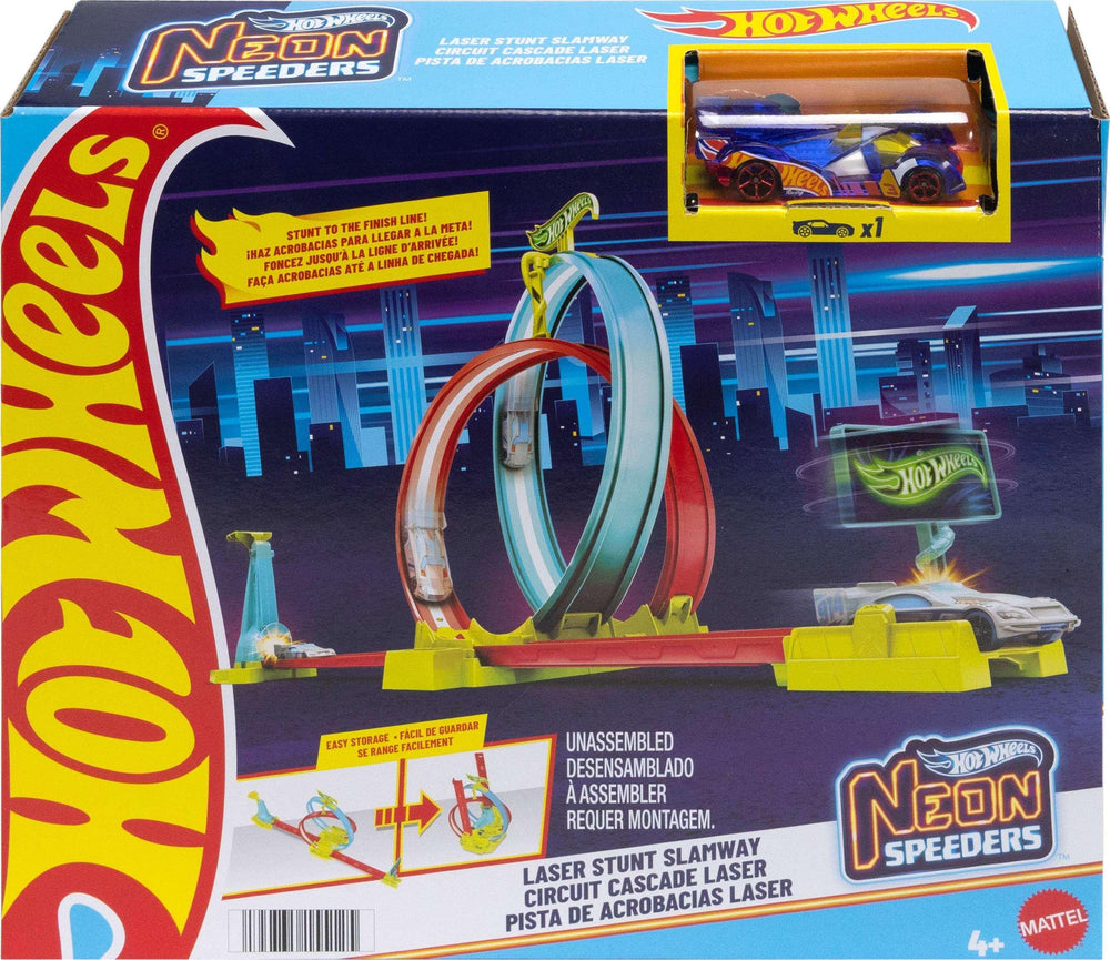 Hot Wheels Neon Speeders Track Set, Laser Stunt Slamway with 1 Car, Tri-Colored Track, Easy Storage - USA MEGA SHOP