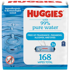 Huggies 99% Pure Water Unscented Wipes, 3 Flip-Top Packs, 168 Total Count