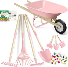 Kids Wheelbarrow Set with Gardening Tools Outdoor Backyard Garden Play for Toddlers Boys Girls 3-8, with Shovel, Rake, Leaf Rake, Easter Birthday Gifts