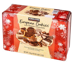Kirkland Signature European Cookies tin, red snowflake design with Belgian chocolate assortment
