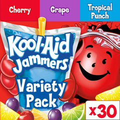 Kool-Aid Jammers Tropical Punch, Grape & Cherry Flavored 0% Juice Drink Variety Pack, 30 ct Box, 6 fl oz Pouches