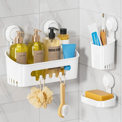 LEVERLOC Shower Caddy Suction Cup Set Shower Organizer & Soap Holder & Toothbrush Holder, Bathroom Shelf Basket NO-Drilling, Removable Suction Storage Waterproof Bathroom Caddy