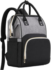 Gray and black backpack with gold zippers on a white background