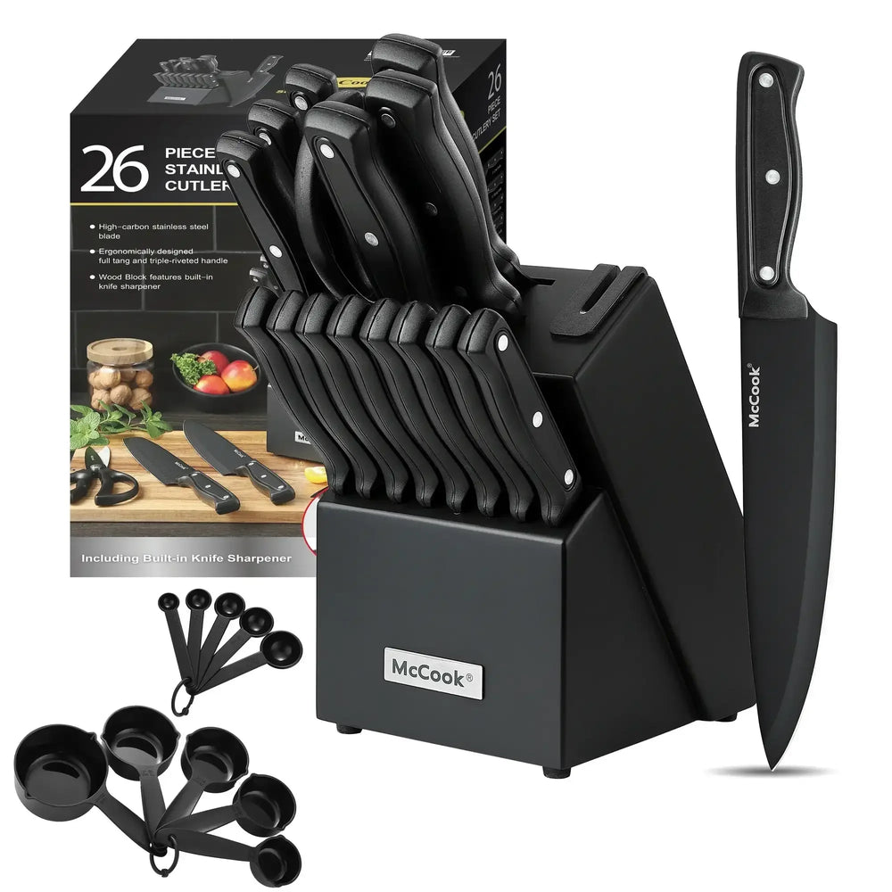 McCook DISHWASHER SAFE MC701 Knife Sets of 26, Stainless Steel Kitchen Knives Block Set with Built-in Knife Sharpener, Measuring Cups and Spoons - USA MEGA SHOP