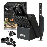 McCook DISHWASHER SAFE MC701 Knife Sets of 26, Stainless Steel Kitchen Knives Block Set with Built-in Knife Sharpener, Measuring Cups and Spoons - USA MEGA SHOP