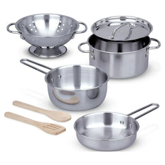 Melissa & Doug Stainless Steel Pots and Pans Pretend Play Kitchen Set for Kids with Wooden Utensils (8 Pcs) - USA MEGA SHOP