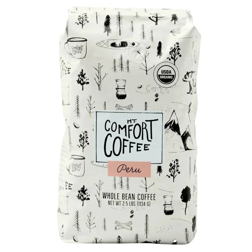 Organic whole bean coffee bag with Peru label, 2.5 lb