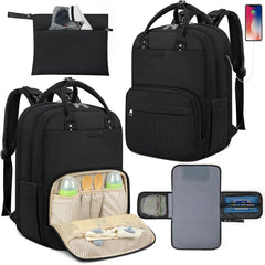 Multi-FunctionWaterproofDiaperBagBackpack_16Pockets_ChangingPad_Anti-TheftDesign_Unisex_Large_Black