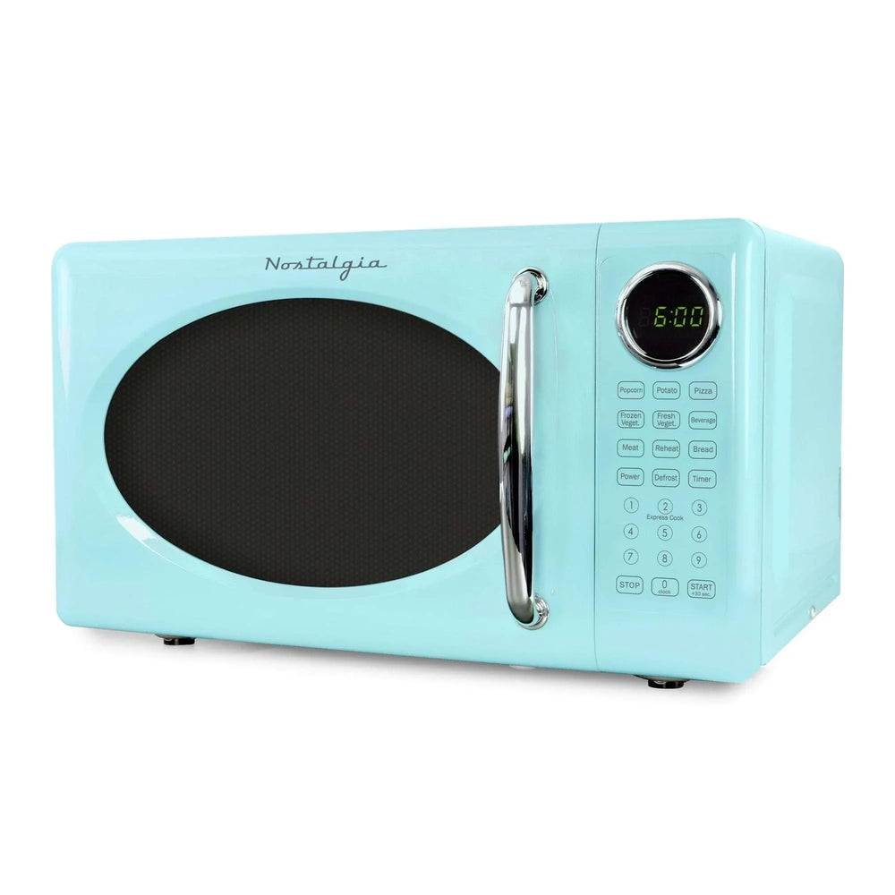 Nostalgia Retro Microwave Oven - 0.7 Cu Ft & 700-Watt Countertop Microwave with Glass Turntable, Child Safety Lock, 8 Auto-Cook Programs & Digital Clock - Aqua - USA MEGA SHOP