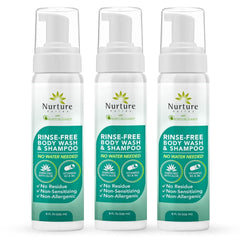 Nurture Rinse Free Body Wash & Shampoo, Hospital Grade Waterless Cleansing Foam for Hair & Body, Ideal for Sensitive Skin, Women, Elderly, 3 Pack