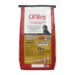 Dry dog food bag back panel, red and white, complete nutrition, roasted chicken & rice flavor