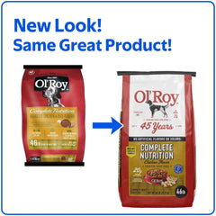 Roasted chicken & rice dry dog food bag, red and white package design, 46 lb