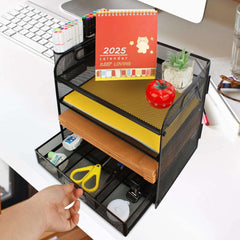 PHANCIR 4-Tier Desk Organizer, New Office Supplies, Metal Desktop File Organizer & Storage with Pull-out Drawer, 1 Pack