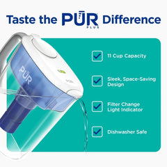 PUR PLUS 11 Cup Water Pitcher with Lead Reducing Filter, W 9.6" x H 10.1" x L 4.5",