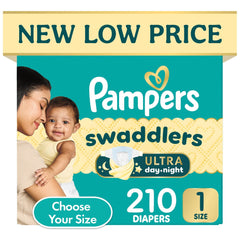 Pampers Swaddlers Ultra day-night diaper box, Size 1, 210 diapers