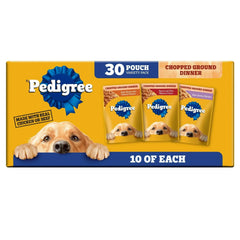 Pedigree Chopped Ground Dinner Beef & Bacon Variety Pack Wet Dog Food, (30) 3.5 oz Pouches