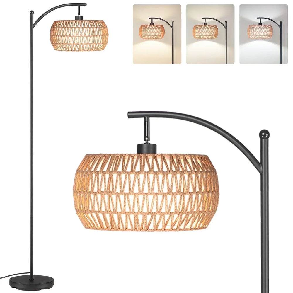 SUNMORY 63'' Dimmable Arc Rattan Floor Lamp, Black Standing Lamp with Rattan & Fabric Double Drum Shade, Boho Farmhouse Tall Lamp for Living Room, Lamps for Bedroom - USA MEGA SHOP