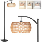 SUNMORY 63'' Dimmable Arc Rattan Floor Lamp, Black Standing Lamp with Rattan & Fabric Double Drum Shade, Boho Farmhouse Tall Lamp for Living Room, Lamps for Bedroom - USA MEGA SHOP