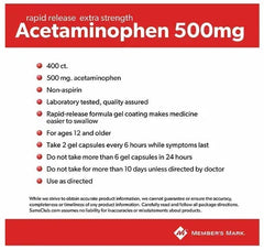 Member’s Mark Extra Strength Acetaminophen 500 mg Tablets, 400 Count
