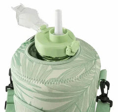 TAL Motivational Gallon Jug Water Bottle with Handle, Push Button Lid & Straw, Neoprene Sleeve, Easy-Carry Strap, Green Palms