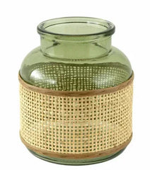 6" Green r Translucent Glass Indoor Tabletop Vase with Natural Rattan Caning Wrap