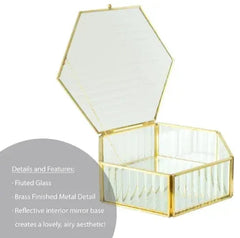 Hexagon Ribbed Clear Glass and Brass Hinged Top Jewelry Box