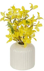 Better Homes & Gardens 10" Artificial Flower Yellow Forsythia in Ribbed off-White Ceramic Vase