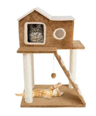 PETMAKER 3-Tier Cat Tree with Ladder and Condo - Tan/Brown