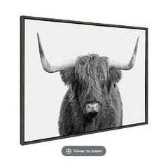 Kate and Laurel Sylvie B&W Highland Cow No. 1 Portrait Framed Canvas Wall Art by Amy Peterson, 28x38 Gray