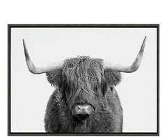 Kate and Laurel Sylvie B&W Highland Cow No. 1 Portrait Framed Canvas Wall Art by Amy Peterson, 28x38 Gray