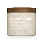 Island Coconut shea sugar scrub jar, 18 oz; speckled white scrub with brown lid
