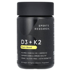 Sports Research, D3 + K2, Plant-Based, 62.5 mcg/100 mcg, Veggie Softgels