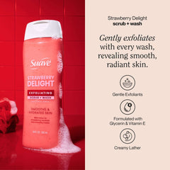 Suave Strawberry Delight Exfoliating Body Wash & Scrub with Glycerin & Vitamin E, Sulfate-Free Hydrating Cleanser for Soft, Smooth Skin, 18 fl oz (pack 4 )
