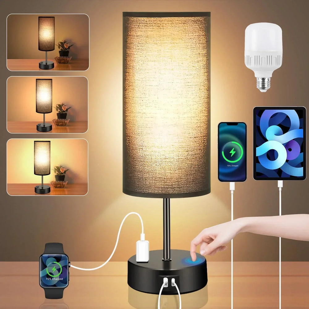 Table Lamps for Bedroom, 3 Way Dimmable Touch Control Bedside Lamp with USB C+A Fast Charging Ports, Nightstand Lamp for Office, Living Room, Reading(E26 Light Bulb Included) - USA MEGA SHOP