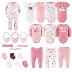 The Peanutshell Layette Gift Set for Baby Girls, 23 Essential Pieces, Pink Rainbow Safari Animals