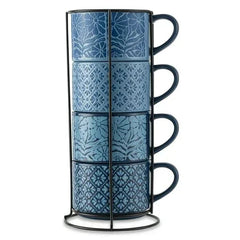 Thyme & Table 11.1 fl oz Blue Flowers and Blue Shapes Stoneware Stacking Mugs with Wire Rack, Set of 4