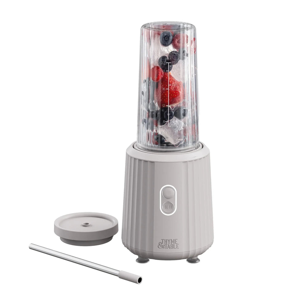 Thyme & Table 900 W 25 oz Single Serve Blender with Tritan Vessel, Smart Seal Lid and Straw, 6-Point Stainless Steel Blade, Sand White - USA MEGA SHOP
