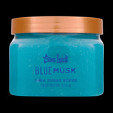Tree Hut Blue Musk shea sugar body scrub jar, blue scrub with brown lid