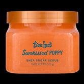 Tree Hut Sunkissed Poppy shea sugar body scrub jar, 18 oz, orange with flip-top lid