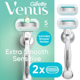 Venus Deluxe Smooth Sensitive Maquinilla de afeitar para mujer, 5 hojas, Maquinilla de afeitar manual, Mango + 2 recambios de cuchillas, Plata