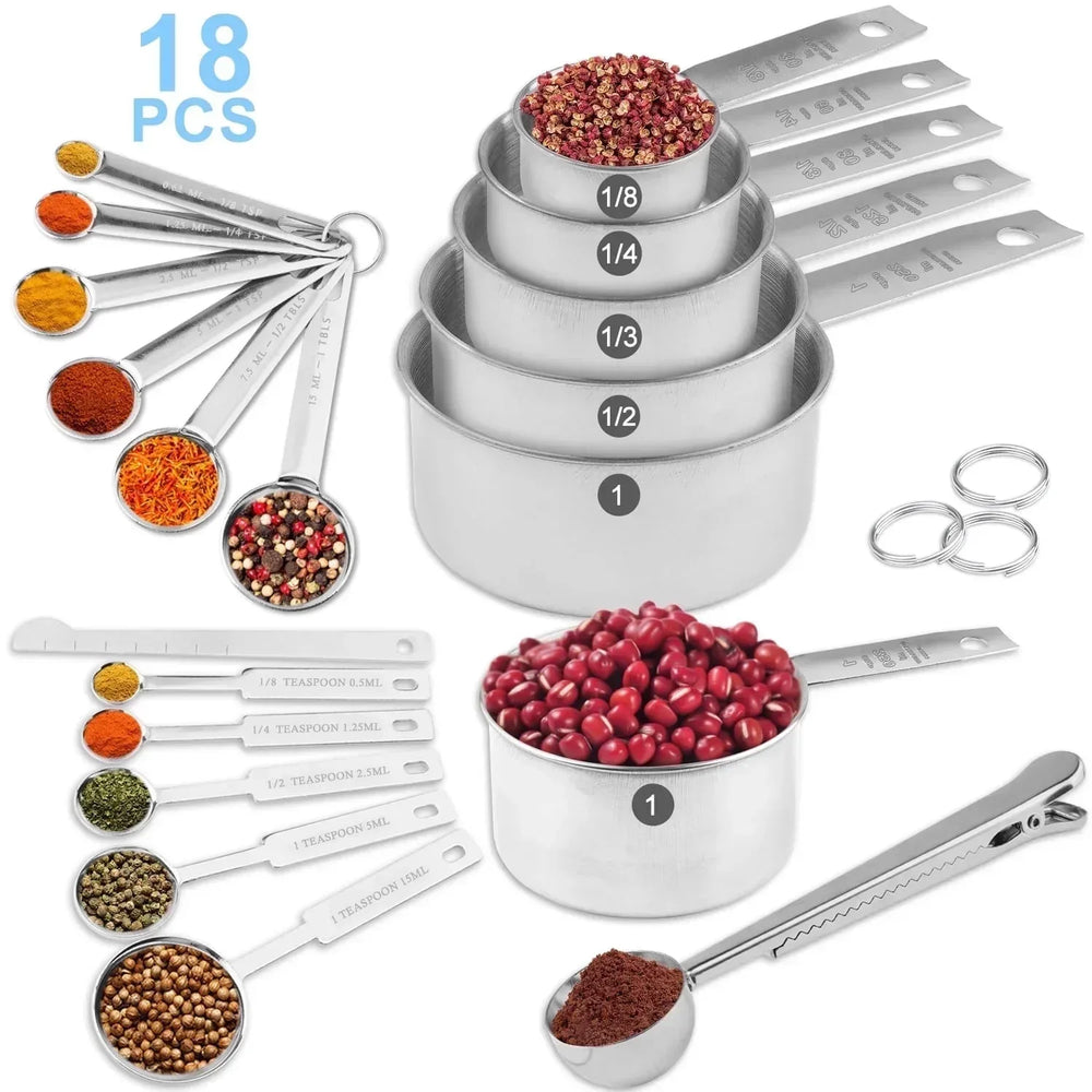 WEPSEN 18-Piece Stainless Steel Measuring Cups and Spoons Set,5 Stainless Steel Nesting Measuring Cups & 6 Spoons,1 Leveler & 5Mini Measuring Spoons,1Tbsp Coffee Scoop with Clip for Cooking & Baking - USA MEGA SHOP