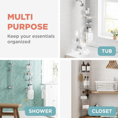 Zenna Home Tension Pole Shower Caddy Corner Organizer, Adjustable Standing Shower Caddy with 4 Baskets and Built in Towel Bar, Rust Resistant Bathroom Tension Rod Organizer, 60 to 97 Inch