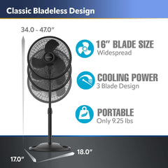 Lasko 16" Oscillating Pedestal Fan with Adjustable Height and Tilt-Back Head for Whole Room Cooling, Black, S16500