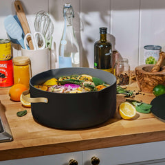 Beautiful 8 Quart Ceramic Non-Stick Stock Pot with Strainer Lid, Black Sesame by Drew Barrymore